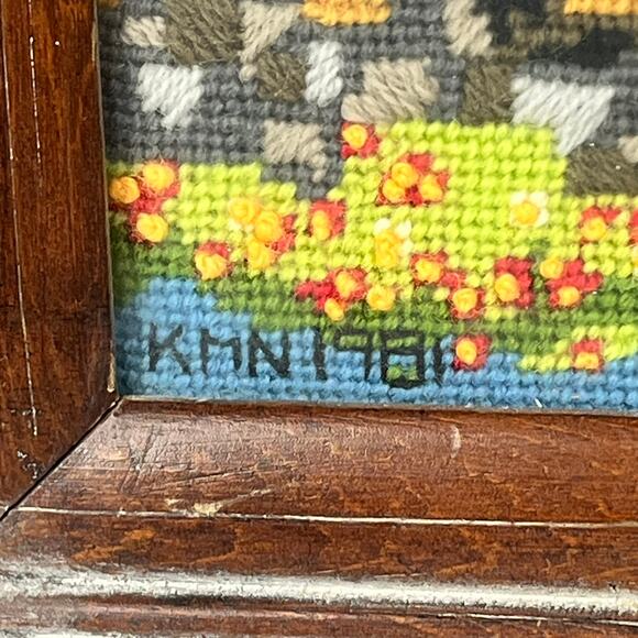 Framed 1981 Folk Art Needlepoint Horse Buggy Country Scene Signed 22.5"x19" Vtg - Picture 9 of 16